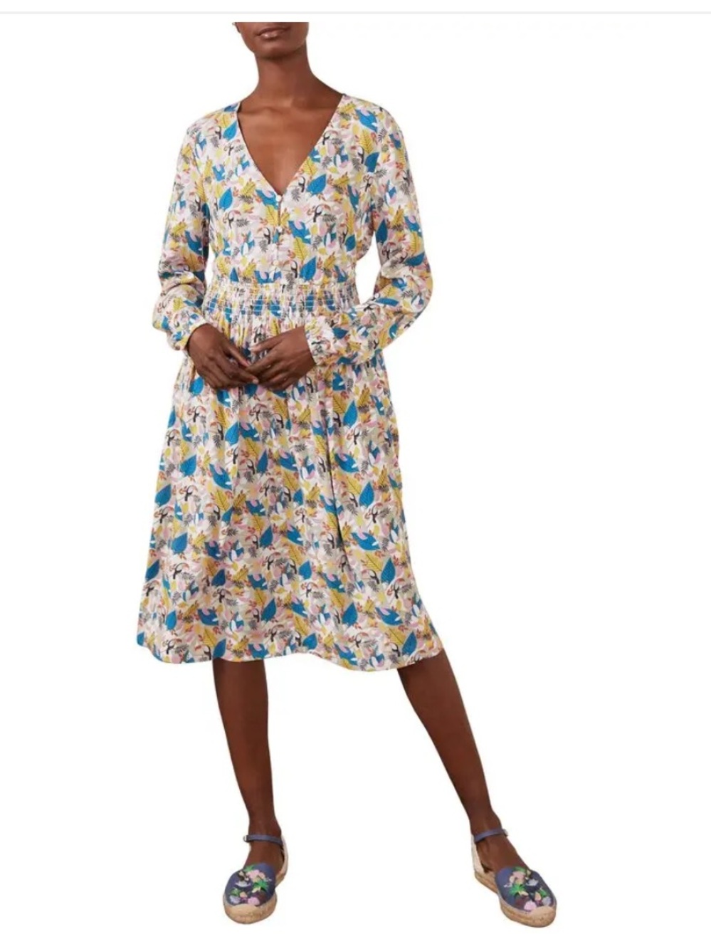 Boden Dress Women’s 14L Susannah Smocked Toucan Print Long Sleeve Midi Tropical